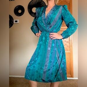 Vintage 70s Teal Polka Dot Stripe Wrap Dress Long Sleeve Midi W/ Belt Size S/M